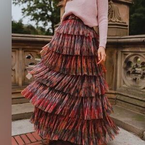 Hutch Anthropology Floral Pleated Tiered Tulle Maxi Skirt size XS